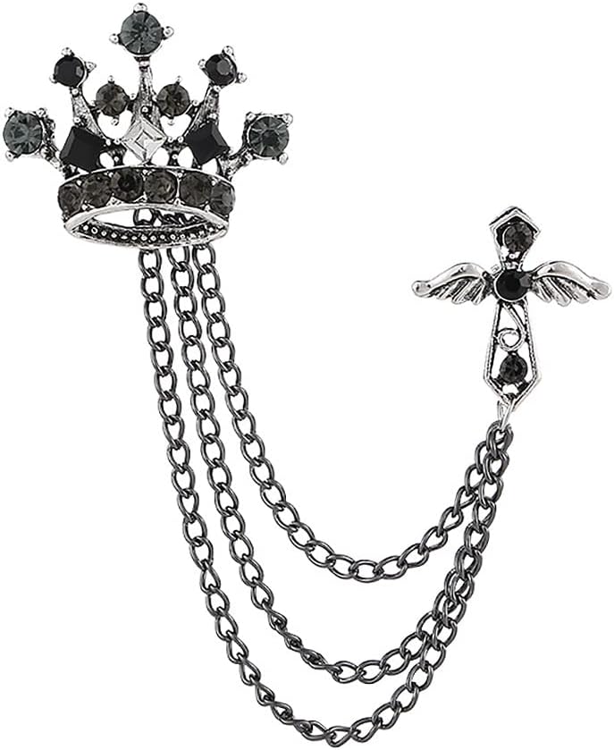 Uarein Cross Crown Long Chain Brooch, Rhinestone Tassel Brooch Pin,Retro Crystal Suit Pins Collar Pin,Coat Tassel Chain Lapel Pins for Men's Suit Accessories - Image 1